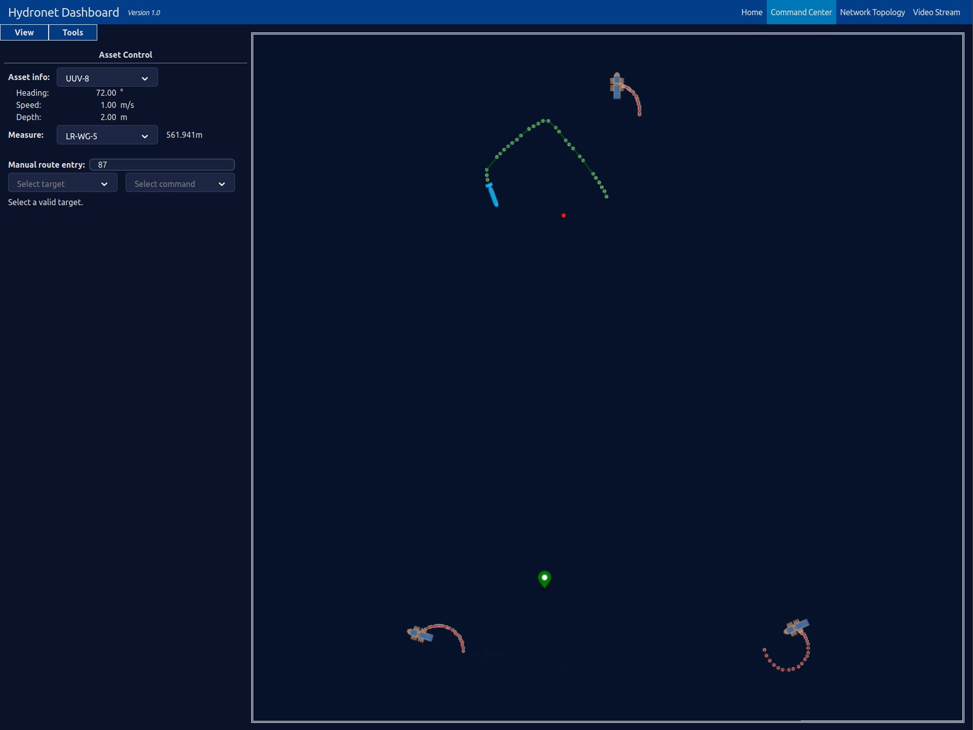 Hydronet Dashboard command center tracking two Wave Gliders and a UUV in real time